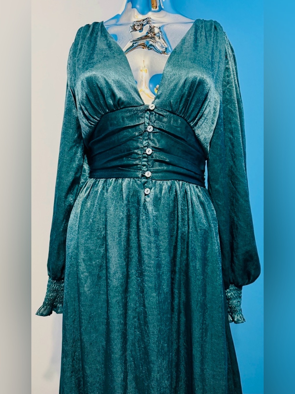 Alter’d State Deep Teal Satin Maxi Dress with Puff Sleeves S